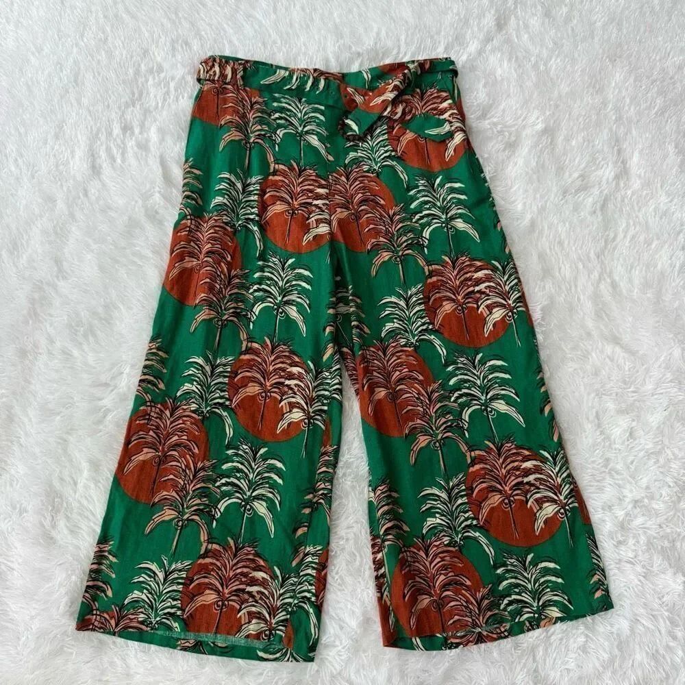 Nicole Miller Linen Tropical Hawaiian Palm Beaded Belt Wide Leg Crop Pants XL